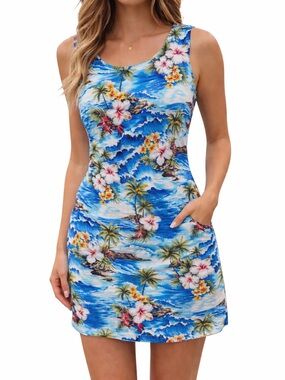 Vintage Pacific Legend Hawaii Dress Tropical Palm Tree Cotton Sleeveless Mini